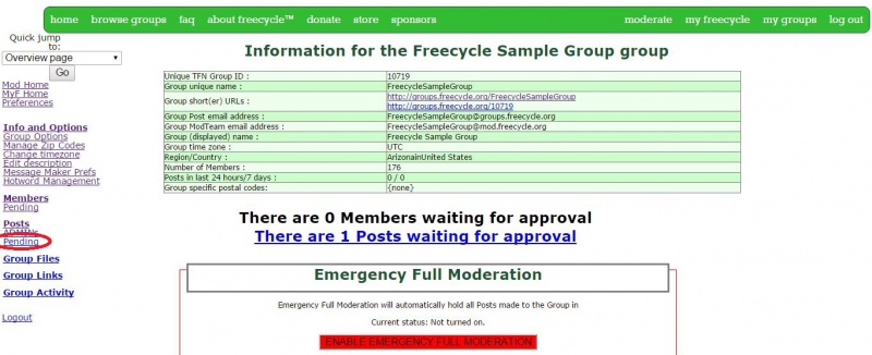 Info and Options page showing pending post